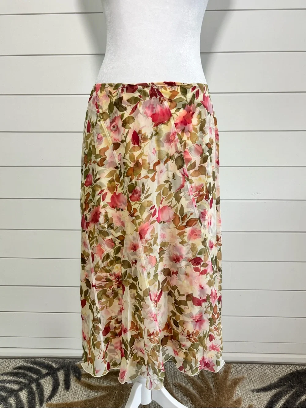 Talbots Floral A-Line Silk Midi Skirt in Pink and Green Size 10